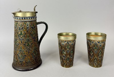 Lot 616 - A RARE DOULTON LAMBETH JUG AND PAIR OF BEAKERS DATED 1880, FOR THE OCCASION 'BARNES AND MORTLAKE AMATEUR REGATTA. 1880, EIGHT OARS