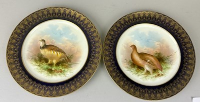Lot 666 - A PAIR OF BROWNFIELD'S ENGLAND PORCELAIN PLATES, PAINTED WITH A QUAIL AND RED GROUSE