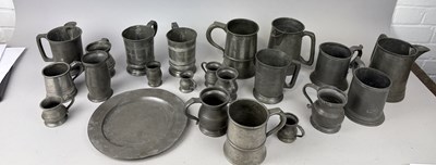 Lot 1172 - A COLLECTION OF ANTIQUE PEWTER TANKARDS ALONG WITH A DISH TO INCLUDE A PAIR OF TANKARDS MARKED 'VICTORIA INN, FOLKESTONE'