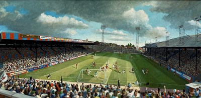 Lot 1 - SHERREE VALENTINE-DAINES (BRITISH B.1956): AN OIL PAINTING ON CANVAS DEPICTING A CRYSTAL PALACE FOOTBALL MATCH AT SELHURST PARK, SIGNED BY PLAYERS TO VERSO