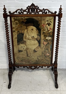 Lot 1074 - A VICTORIAN MAHOGANY FIRE SCREEN WITH EMBROIDERED PANEL DEPICTING A DOG