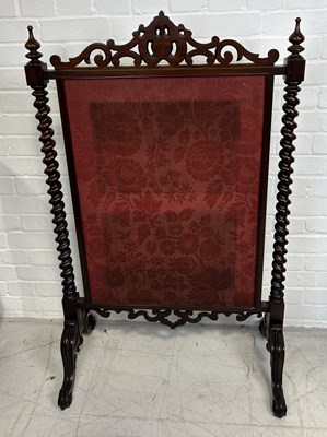 Lot 1074 - A VICTORIAN MAHOGANY FIRE SCREEN WITH EMBROIDERED PANEL DEPICTING A DOG