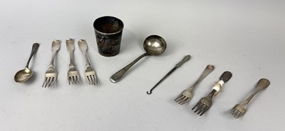 Lot 255 - ANTIQUE SILVER ITEMS TO INCLUDE FORKS, SPOON, LADEL, CUP