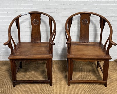 Lot 993 - A PAIR OF CHINESE YOKE BACK ARMCHAIRS