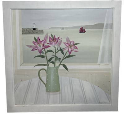 Lot 824 - GEMMA PEARCE (B.1972): AN OIL PAINTING ON CANVAS 'A JUG OF LILLIES AND A VIEW OF ST. IVES BAY'