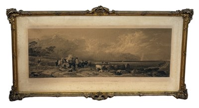 Lot 757 - AFTER LANDSEER: A LARGE, ENGRAVED PRINT 'HARVEST IN THE HIGHLANDS' IN CARVED GILT WOOD FRAME