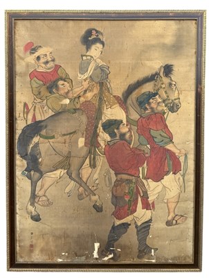 Lot 235 - A LARGE CHINESE PAINTING ON SILK DEPICTING FIGURES WITH A HORSE
