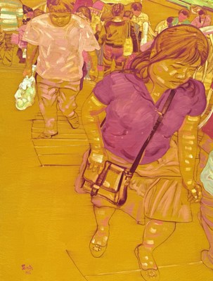 Lot 801 - HUANG HANCHEN (CHINESE, B.1956): A LARGE ACRYLIC PAINTING ON CANVAS "PEOPLE AND COMMERCIALISM" 2006