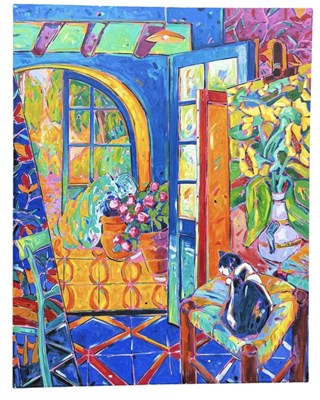 Lot 878 - A LARGE PAINTING ON CANVAS DEPICTING AN INTERIOR WITH A CAT