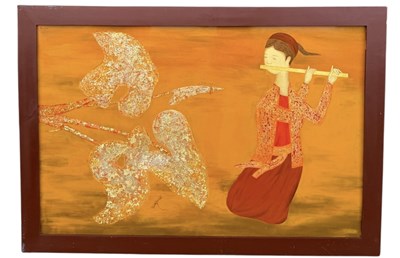 Lot 802 - HUY QUANG TRAN (VIETNAMESE): A LARGE PAINTING ON BOARD WITH LACQUER AND GOLD LEAF