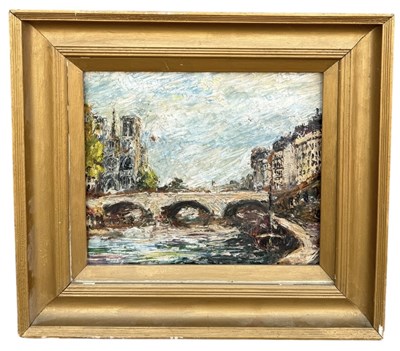 Lot 861 - AN OIL PAINTING ON PAPER LAID ON BOARD, DEPICTING A CANAL AND BRIDGE SCENE