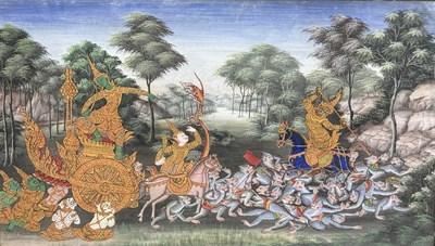 Lot 863 - AN INDIAN PAINTING ON BOARD DEPICTING A PROCESSION WITH MONKEYS