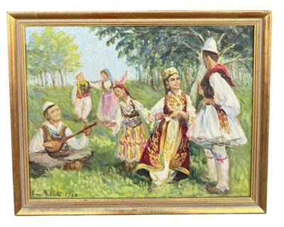 Lot 867 - VERA BLOSHMI MELET (ALBANIAN, B. 1923): OIL PAINTING ON BOARD DEPICTING ALBANIAN FOLK DANCING