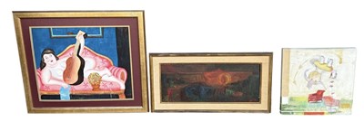 Lot 897 - AFTER BOTERO AN OIL PAINTING ON CANVAS/BOARD DEPICTING A NUDE LADY, ALONG WITH TWO ABSTRACT PAINTINGS