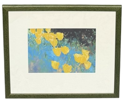 Lot 899 - PAUL HEDLEY: AN ACRYLIC PAINTING ON PAPER, 'YELLOW TULIPS'