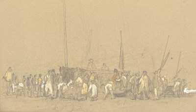 Lot 901 - A 19TH CENTURY DRAWING OF FIGURES WITH A SHIP