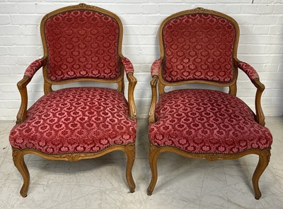 Lot 1055 - A PAIR OF 19TH CENTURY LOUIS XVI STYLE FRENCH FAUTEUILS UPHOLSTERED IN RED FOLIATE FABRIC