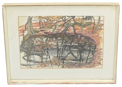 Lot 891 - A PAINTING ON PAPER DEPICTING A WOODLAND POND