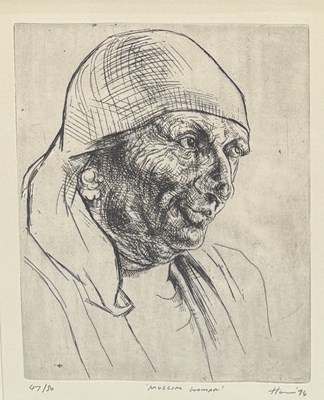 Lot 882 - PETER HOWSON OBE. (SCOTTISH, B. 1958): AN ETCHING ON PAPER, 'MUSLIM WOMAN', LIMITED EDITION