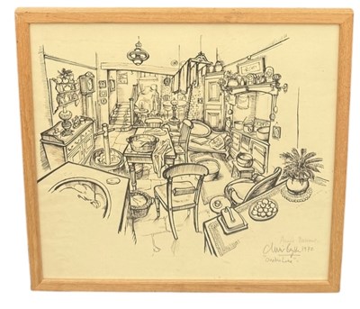 Lot 883 - OLIVER BAYLDON (BRITISH, 1938-2019): AN INK DRAWING ON PAPER, 'ANNE'S BASEMENT', 1972