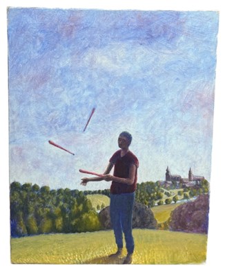 Lot 884 - A LARGE OIL PAINTING ON CANVAS DEPICTING A JUGGLER
