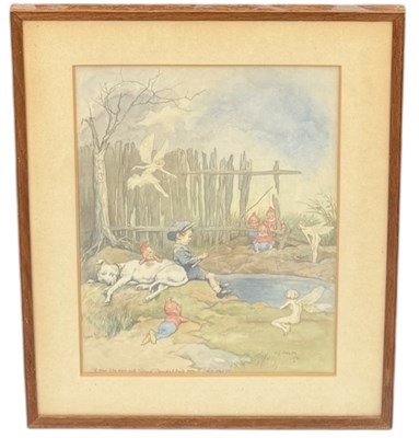 Lot 807 - GEORGE LORRAINE STAMPA (BRITISH, 1875-1951): A WATERCOLOUR PAINTING ON PAPER DEPICTING A BOY WITH GNOMES AND FAIRIES FISHING