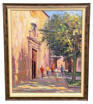 Lot 816 - AN OIL PAINTING ON CANVAS DEPICTING FIGURES IN A PIAZZA