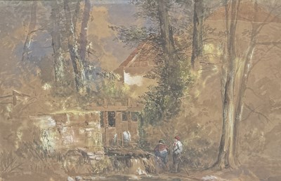 Lot 804 - A 19TH CENTURY WATERCOLOUR PAINTING ON PAPER DEPICTING TWO FIGURES BY A STREAM
