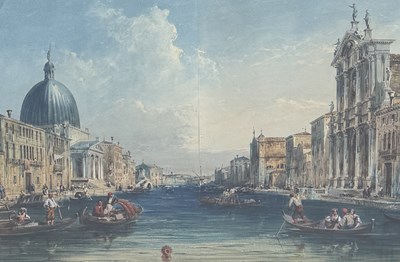 Lot 811 - A VENETIAN PRINT/WATERCOLOUR ON PAPER IN THE MANNER OF FRANCESCO GUARDI