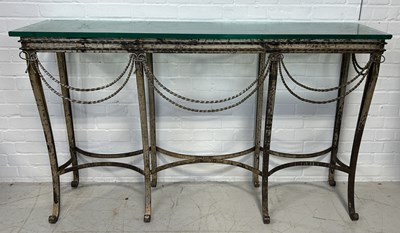 Lot 1056 - A LARGE REGENCY STYLE WROUGHT IRON CONSOLE TABLE WITH HEAVY GLASS TOP