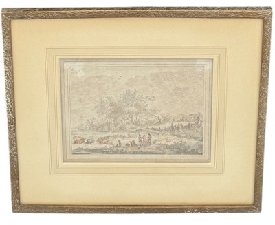 Lot 808 - PIETER DE MOLIJN (1595 - 1661): A COLOURED PRINT ON PAPER DEPICTING A COUNTRYSIDE SCENE WITH CATTLE