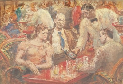 Lot 809 - GEORGES BOUISSET (1903-1965): AN OIL PAINTING ON CANVAS DEPICTING A BAR SCENE