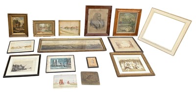 Lot 794 - A GROUP OF PRINTS, WATERCOLOURS AND OIL, TO INCLUDE TENNIS, PUTNEY BRIDGE, ETCHING, HAMPTON COURT PALACE, DOG