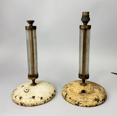 Lot 557 - MANNER OF JACQUES ADNET: A PAIR OF FRENCH DECO TABLE LAMPS, HEAVY METAL BASE