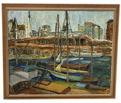 Lot 901 - AN OIL PAINTING ON BOARD DEPICTING A CORNISH HARBOUR SCENE WITH SAILBOATS