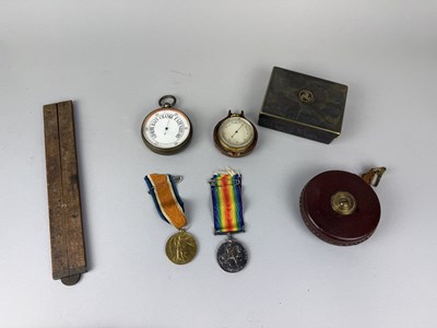 Lot 656 - TWO WAR MEDALS ALONG WITH TWO BAROMETERS, MEASURING TAPE, BOX, ETC