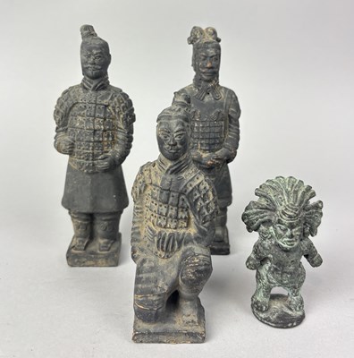 Lot 1204 - THREE CHINESE TERRACOTTA SOLDIERS AND ONE MAYAN STYLE METAL FIGURE