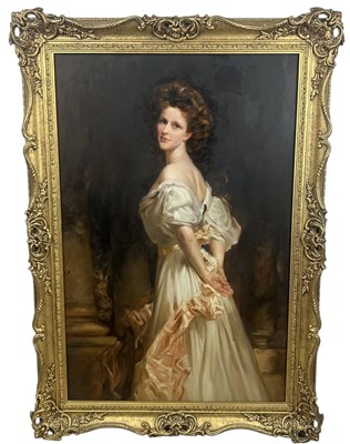 Lot 387 - AN OIL PAINTING ON CANVAS DEPICTING A LADY