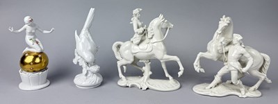 Lot 1173 - A DRESDEN PORCELAIN BIRD ALONG WITH TWO NYMPHENBURG FIGURES AND A PORCELAIN LADY