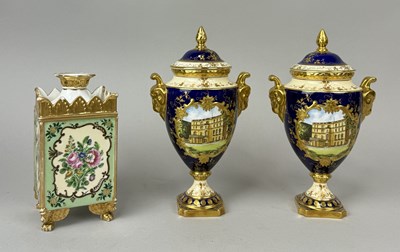 Lot 631 - A PAIR OF COLPORT CLARENCE HOUSE VASES, LIMITED EDITION OF 100 ALONG WITH PORCELAIN JAR WITH COVER