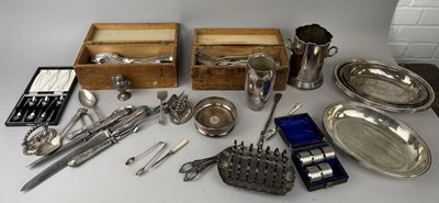 Lot 1196 - A COLLECTION OF SILVER PLATE TO INCLUDE TWO BOXES OF CUTLERY, COASTER, NAPKIN RINGS, ETC