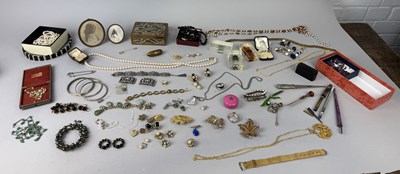 Lot 1197 - A COLLECTION OF COSTUME JEWELLERY ALONG WITH PORTRAIT MINIATURE, PEARLS, PAPER WEIGHT, ETC