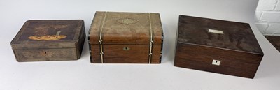 Lot 636 - THREE ANTIQUE BOXES TO INCLUDE MARQUETRY INLAID, SEWING BOX, WRITING SLOPE