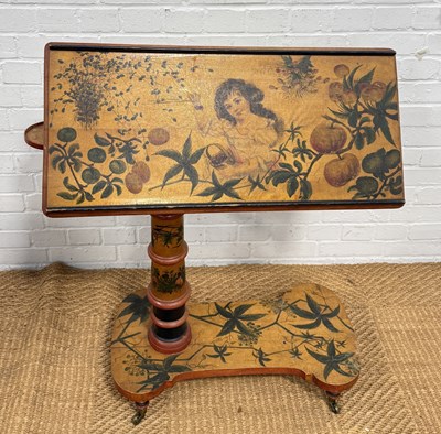 Lot 992 - AN ANTIQUE LECTERN PAINTED WITH SCENES OF A GIRL HARVESTING FRUIT
