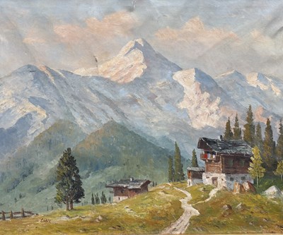 Lot 851 - A J. LOBIS (EUROPEAN) OIL ON BOARD LANDSCAPE DEPICTING A CABIN IN THE BAVARIAN ALPS