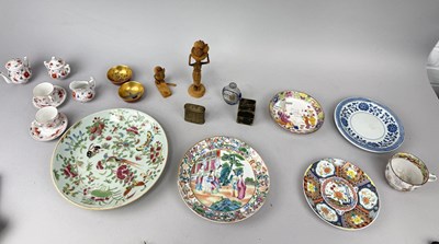 Lot 645 - CHINESE PLATES, A PORCELAIN TEA SERVICE, A BRASS CHINESE BOX, TWO LAQUERED BOWLS AND A TEA CUP, EROTIC SNUFF BOTTLE