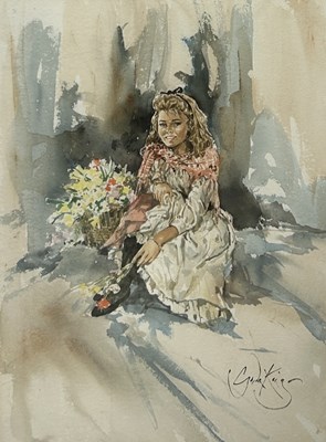 Lot 849 - GORDON KING (BRITISH 1939-2022): A WATERCOLOUR PAINTING ON PAPER DEPICTING A SEATED LADY