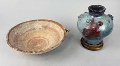 Lot 188 - A CHINESE JUN WARE VASE ALONG WITH A CHINESE TERRACOTTA DISH