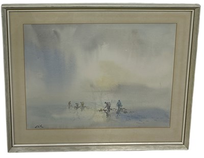 Lot 855 - JACK COX (1914-2007): A WATERCOLOUR PAINTING ON PAPER DEPICTING FIGURES SHRIMPING ON A BEACH