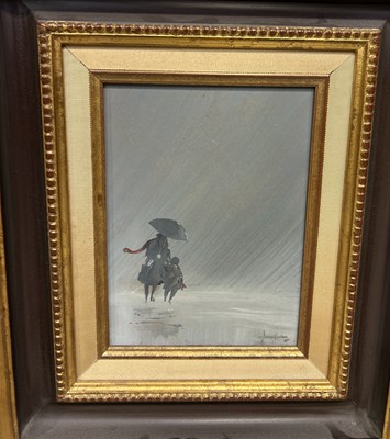 Lot 846 - AN OIL PAINTING ON BOARD DEPICTING FIGURES HOLDING AN UMBRELLA IN THE RAIN